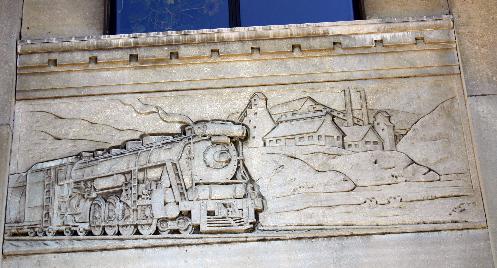One of the architectural friezes depicting the importance of the railroad in the development of Hamilton. 