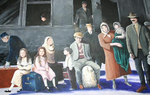 A modern painting depicting the arrival of immigrants to Hamilton.