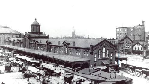 1880's view of the Washington Market. This structure was torn-down in the 1960s to make way for a parking lot. 
